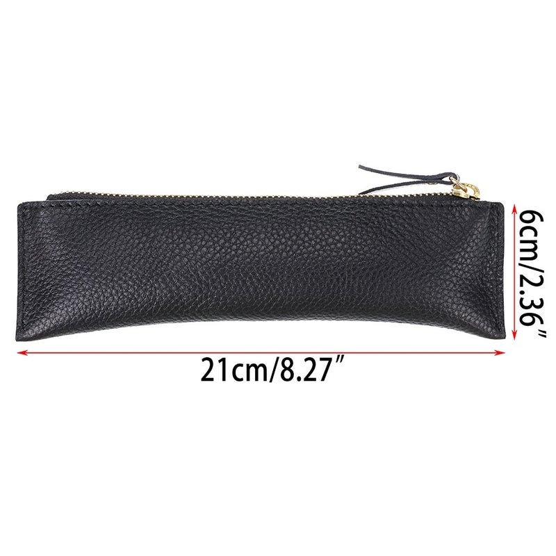 BTSKY Genuine Leather Pencil Case - Zippered Pen Case Stationery Bag Zipper Pouch Pencil Holder (New Black) - Image 2
