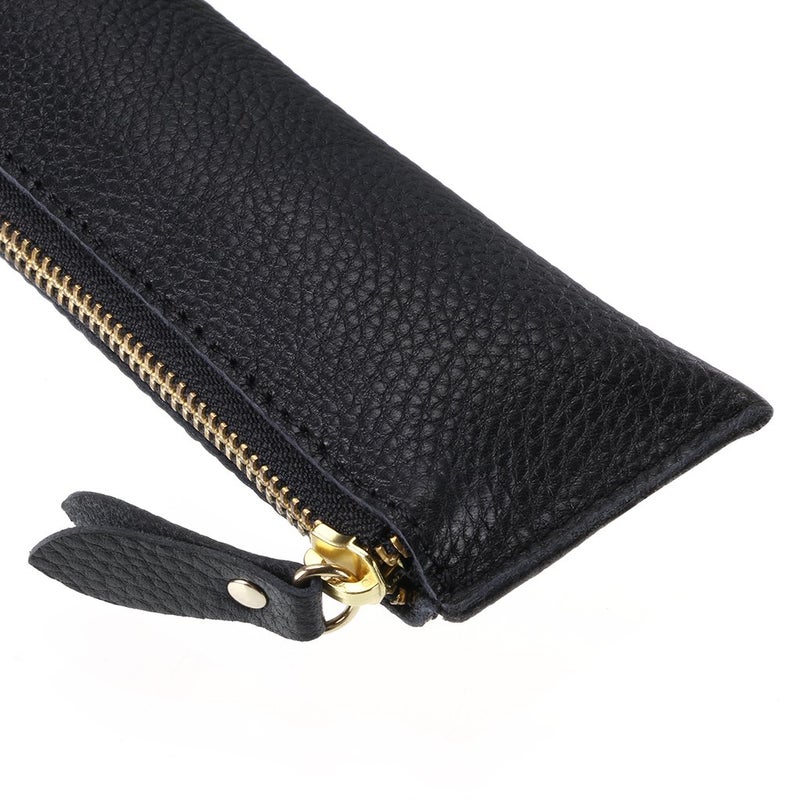 BTSKY Genuine Leather Pencil Case - Zippered Pen Case Stationery Bag Zipper Pouch Pencil Holder (New Black) - Image 4