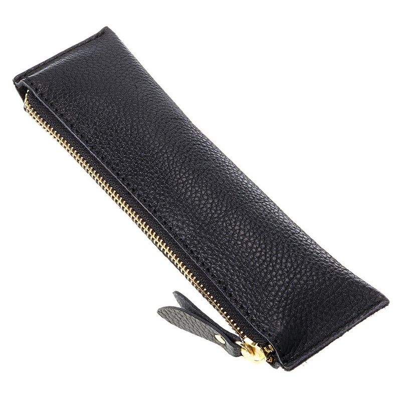 BTSKY Genuine Leather Pencil Case - Zippered Pen Case Stationery Bag Zipper Pouch Pencil Holder (New Black) - Image 1