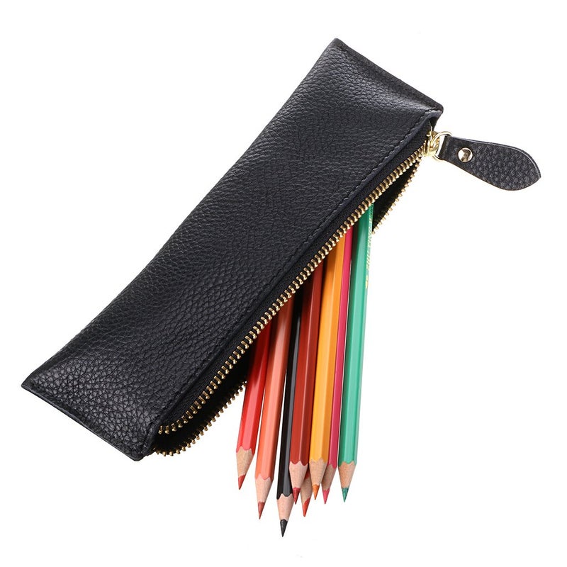 BTSKY Genuine Leather Pencil Case - Zippered Pen Case Stationery Bag Zipper Pouch Pencil Holder (New Black) - Image 3