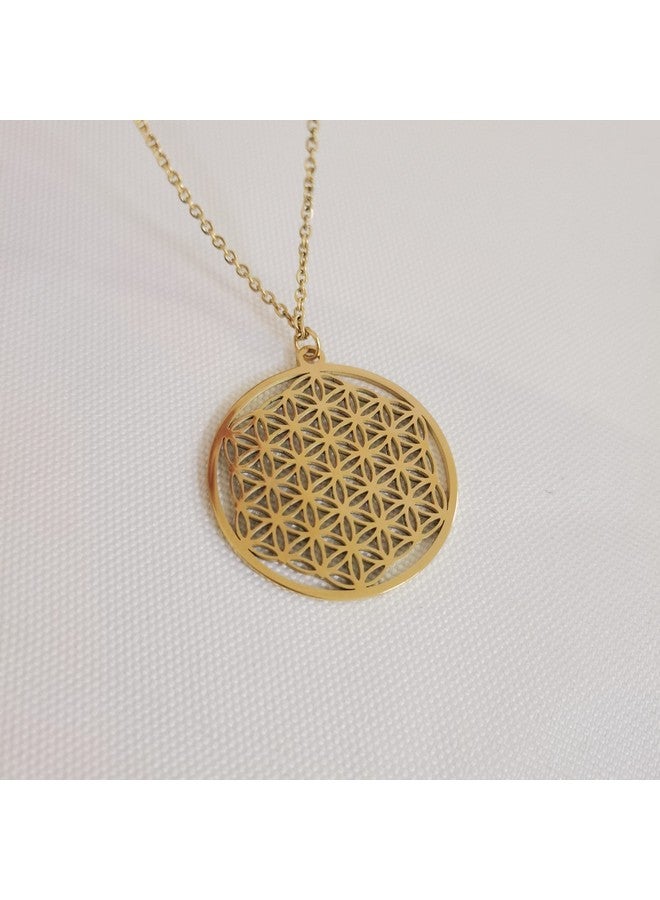 SENFAI Stainless Steel Circle Engrave Flower Pendant Necklace (Stainless steel necklace, stainless-steel) - Image 2