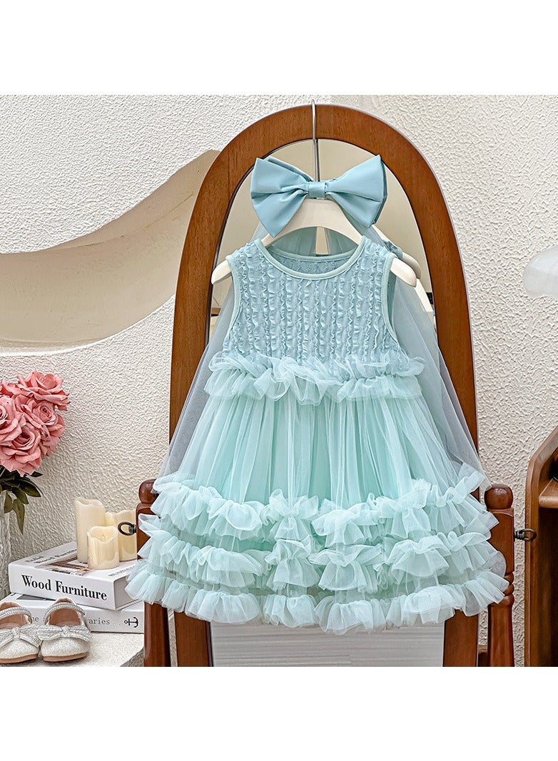 Mint Green Ruffled Tulle Princess Dress with Bow Veil for Toddler Girls, Perfect for Birthday Parties, Photo Shoots & Special Occasions, Fits Height 90–100 cm (2–3 Y, 12–15 kg), Soft Polyester  - Image 1