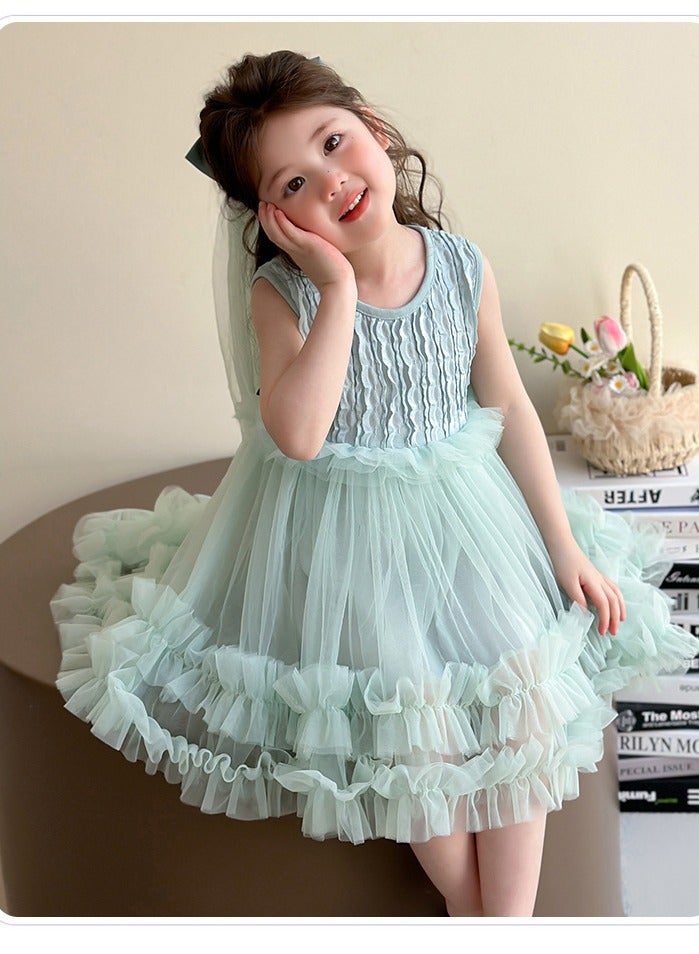 Mint Green Ruffled Tulle Princess Dress with Bow Veil for Toddler Girls, Perfect for Birthday Parties, Photo Shoots & Special Occasions, Fits Height 90–100 cm (2–3 Y, 12–15 kg), Soft Polyester  - Image 4