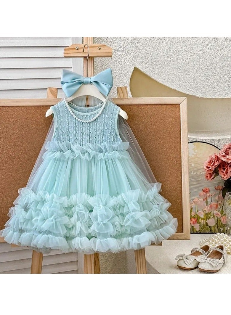 Mint Green Ruffled Tulle Princess Dress with Bow Veil for Toddler Girls, Perfect for Birthday Parties, Photo Shoots & Special Occasions, Fits Height 90–100 cm (2–3 Y, 12–15 kg), Soft Polyester  - Image 2