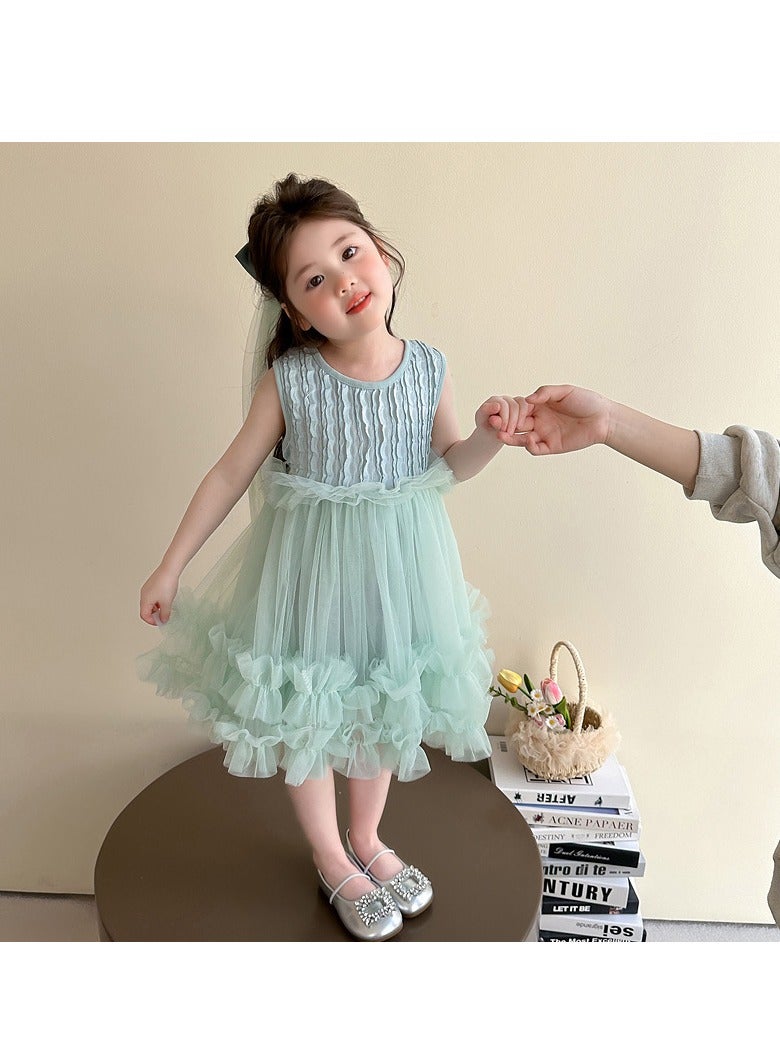 Mint Green Ruffled Tulle Princess Dress with Bow Veil for Toddler Girls, Perfect for Birthday Parties, Photo Shoots & Special Occasions, Fits Height 90–100 cm (2–3 Y, 12–15 kg), Soft Polyester  - Image 5
