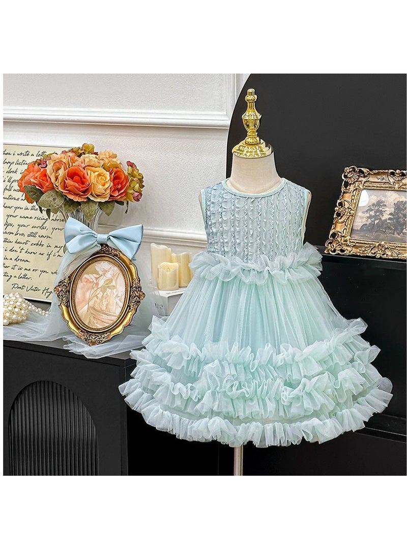 Mint Green Ruffled Tulle Princess Dress with Bow Veil for Toddler Girls, Perfect for Birthday Parties, Photo Shoots & Special Occasions, Fits Height 90–100 cm (2–3 Y, 12–15 kg), Soft Polyester  - Image 3