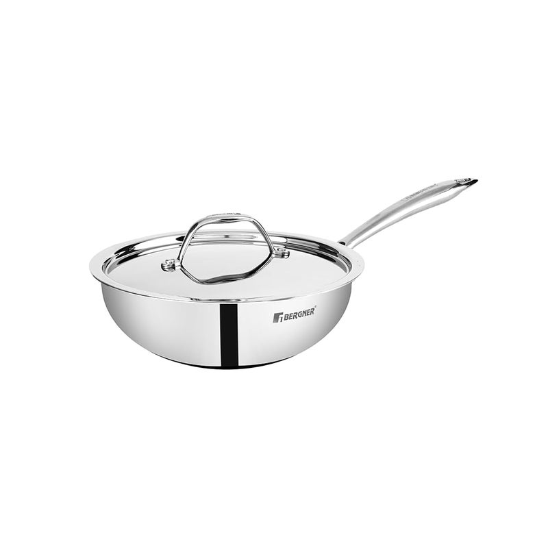 BERGNER Argent TriPly Stainless Steel 22cm Wok with Stainless Steel Lid, 2.2 L Kadai with Long Handle, Less Oil Use, Healthy Cooking, Food Safe, Flared Rim, Durable - Induction Bottom and Gas Ready - Image 1
