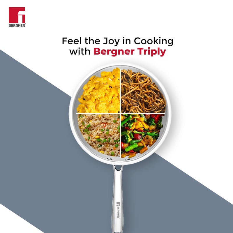 BERGNER Argent TriPly Stainless Steel 22cm Wok with Stainless Steel Lid, 2.2 L Kadai with Long Handle, Less Oil Use, Healthy Cooking, Food Safe, Flared Rim, Durable - Induction Bottom and Gas Ready - Image 4