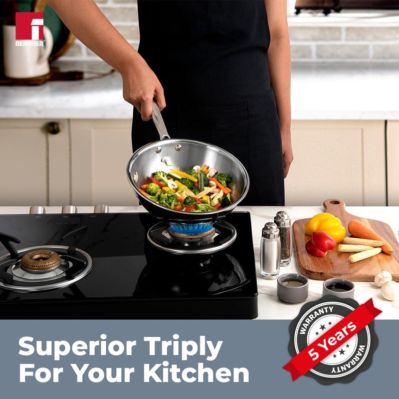 BERGNER Argent TriPly Stainless Steel 22cm Wok with Stainless Steel Lid, 2.2 L Kadai with Long Handle, Less Oil Use, Healthy Cooking, Food Safe, Flared Rim, Durable - Induction Bottom and Gas Ready - Image 2