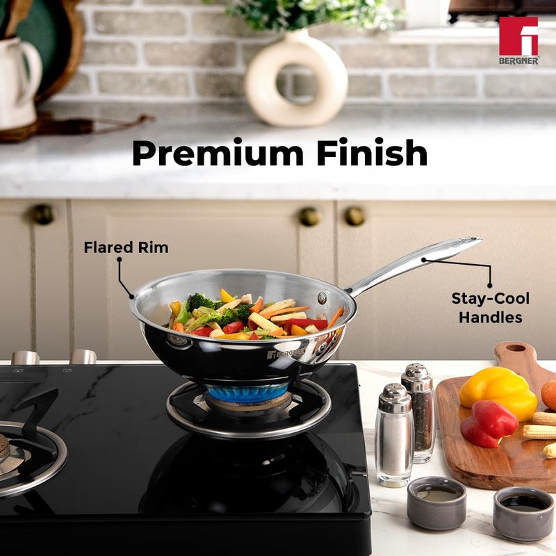 BERGNER Argent TriPly Stainless Steel 22cm Wok with Stainless Steel Lid, 2.2 L Kadai with Long Handle, Less Oil Use, Healthy Cooking, Food Safe, Flared Rim, Durable - Induction Bottom and Gas Ready - Image 3