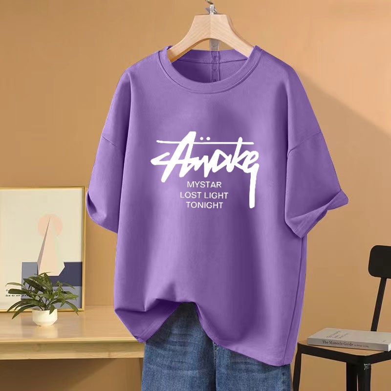 100 Cotton Letter Printed Short-Sleeved T-Shirt Women'S Slightly Chubby Slimming Loose Plus Size Lazy Style Top - Image 4