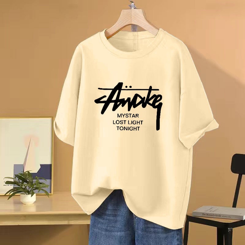 100 Cotton Letter Printed Short-Sleeved T-Shirt Women'S Slightly Chubby Slimming Loose Plus Size Lazy Style Top - Image 5