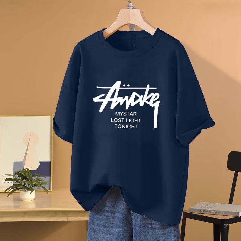 100 Cotton Letter Printed Short-Sleeved T-Shirt Women'S Slightly Chubby Slimming Loose Plus Size Lazy Style Top - Image 2