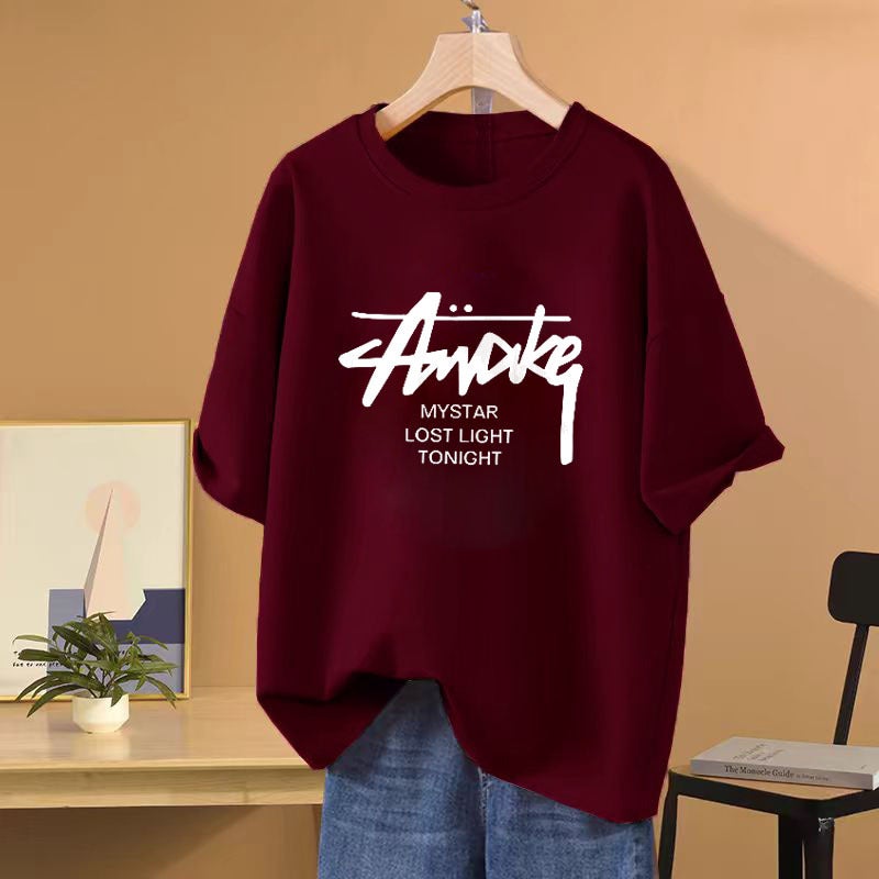 100 Cotton Letter Printed Short-Sleeved T-Shirt Women'S Slightly Chubby Slimming Loose Plus Size Lazy Style Top - Image 3