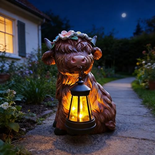 VIOYOUNS Garden Highland Cow Statue Solar Outdoor Decor with Flower Decoration，Funny Triple Highland Cow Decor Birthday Gifts for Women Mom，Highland Cows Figurine for Yard Garden Patio Lawn Ornaments - Image 1