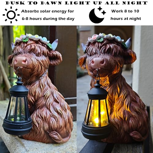 VIOYOUNS Garden Highland Cow Statue Solar Outdoor Decor with Flower Decoration，Funny Triple Highland Cow Decor Birthday Gifts for Women Mom，Highland Cows Figurine for Yard Garden Patio Lawn Ornaments - Image 4