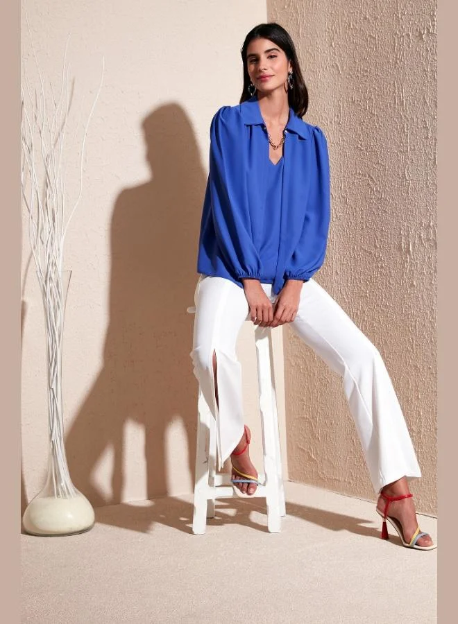 ليلا بلوزة نسائية بياقة  وأكمام بالون من ليلا