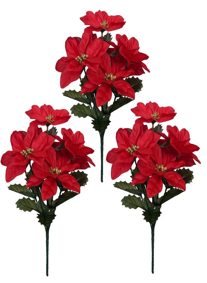 CANCLEAR 3 Pack Artificial Poinsettia Bushes – 9.8" Faux Red Poinsettia Bouquets with 7 Heads Each, Christmas Artificial Flowers for Holiday Tree, Table Centerpiece, Indoor Outdoor Décor, DIY Table Runner - Image 1