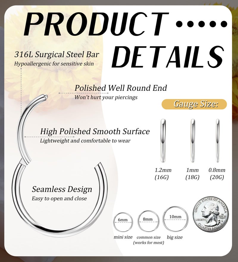 Staligue 3pcs Nose Rings Hoops - 316L Surgical Steel Nose Hoops 16G/18G/20G CZ Opal Turquoise Clicker Septum Nose Ring Lip Helix Cartilage Hoop Earring Daith Rook Conch Body Piercing Jewelry for Women Men 6mm 8mm 10mm (Silver, 20 gauge(0.8mm)-8mm) - Image 2