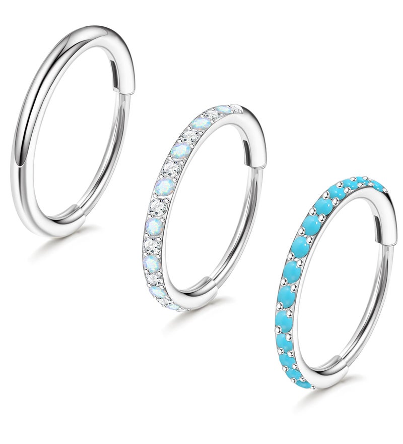 Staligue 3pcs Nose Rings Hoops - 316L Surgical Steel Nose Hoops 16G/18G/20G CZ Opal Turquoise Clicker Septum Nose Ring Lip Helix Cartilage Hoop Earring Daith Rook Conch Body Piercing Jewelry for Women Men 6mm 8mm 10mm (Silver, 20 gauge(0.8mm)-8mm) - Image 1