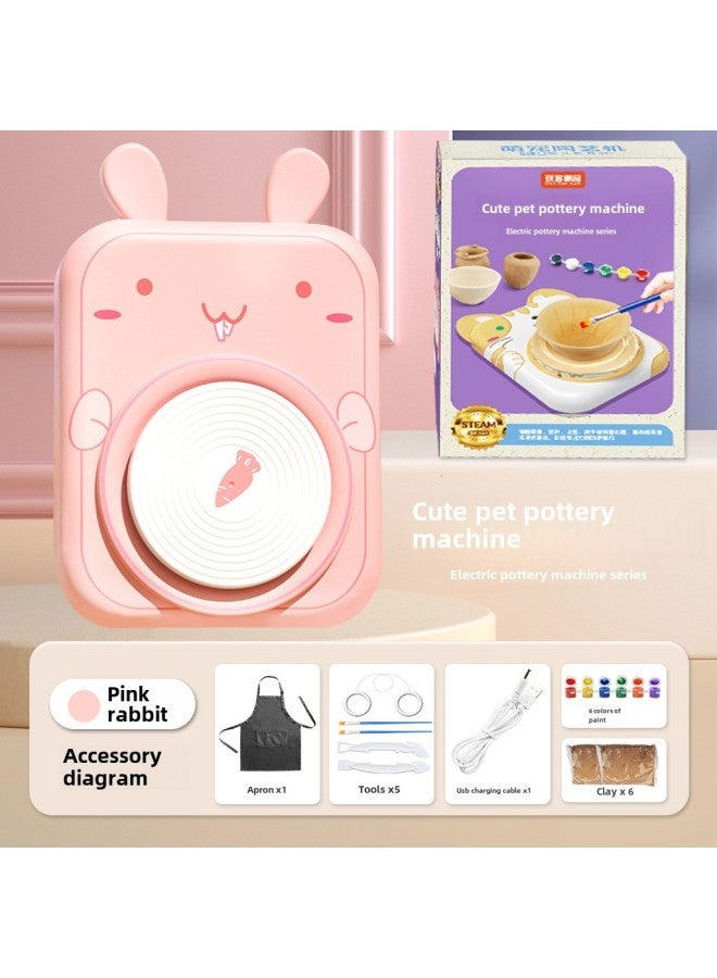 Cute Pet Pottery Machine Children's Handmade Electric Clay Turntable Puzzle Fun Baking-free Clay Diy Pottery Drawing Machine-Color:Powder Rabbit Pottery Machine (advanced 6 Clay) Color Box  - Image 1
