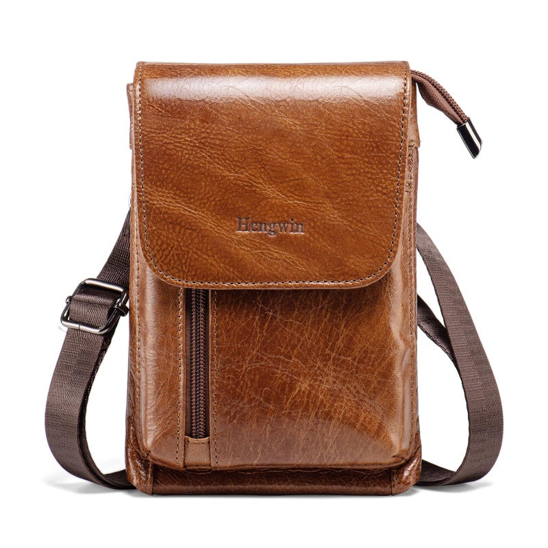 Hengwin Genuine Leather Small Crossbody Bag for Men Women, Cellphone Belt Pouch Bag, Travel Passport Wallet, Shoulder Holster - Image 1