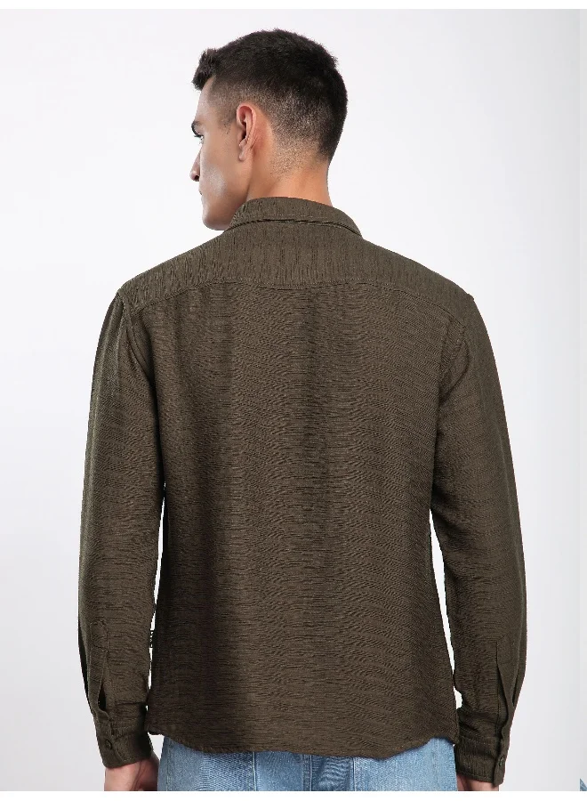 Beyoung Caramel Brown Crinkled Shirt