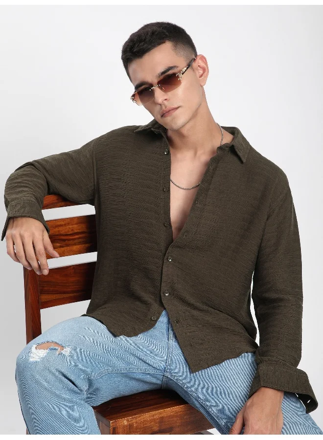 Beyoung Caramel Brown Crinkled Shirt