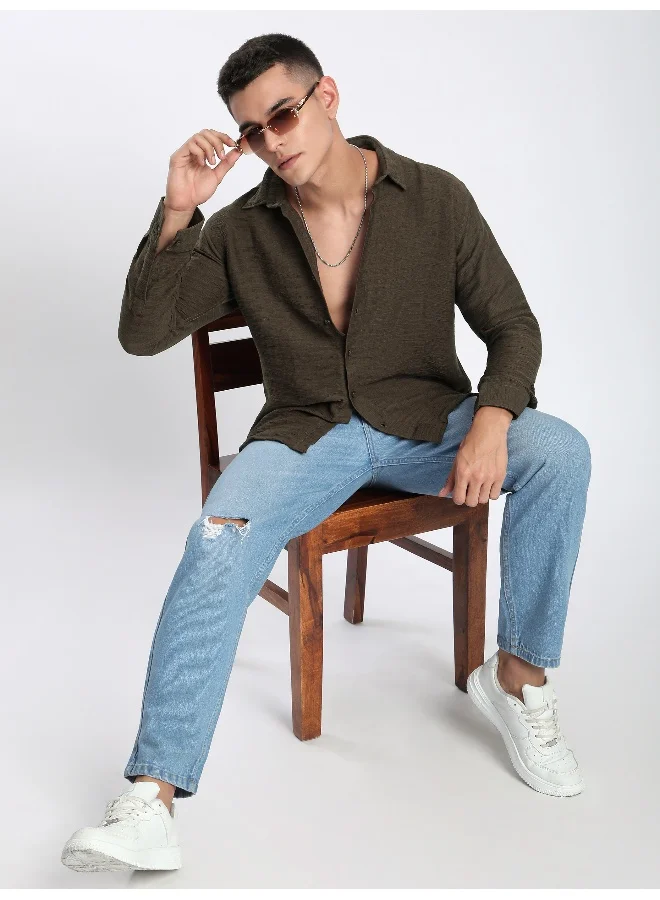 Beyoung Caramel Brown Crinkled Shirt