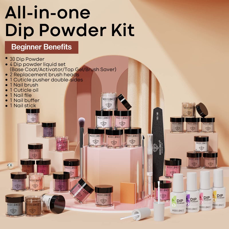 Modelones 42 Pcs Dip Powder Nail Kit Starter, 30 Colors Popular Nude Pink Dipping Powder Essential Liquid Set with Top/Base Coat Activator Brush Saver Manicure Tool for French Nail Art DIY Salon Gifts - Image 4
