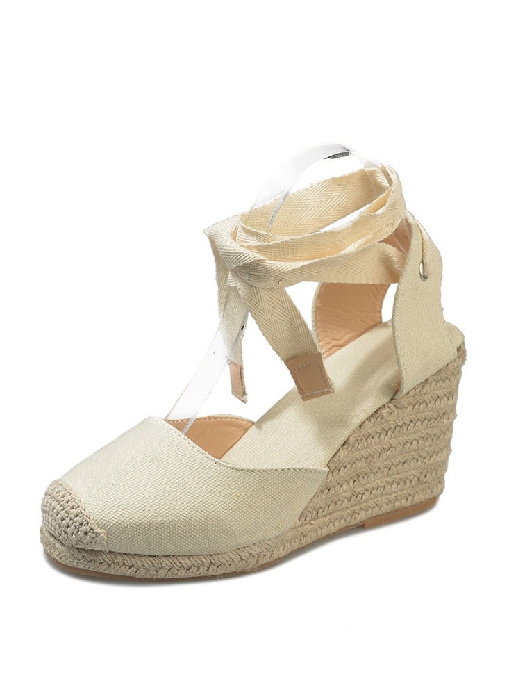 NIBEMINENT Straw Plus-size Sandals for Women Rope Closed Toe Espadrille Wedge Strap Sandals - Image 1