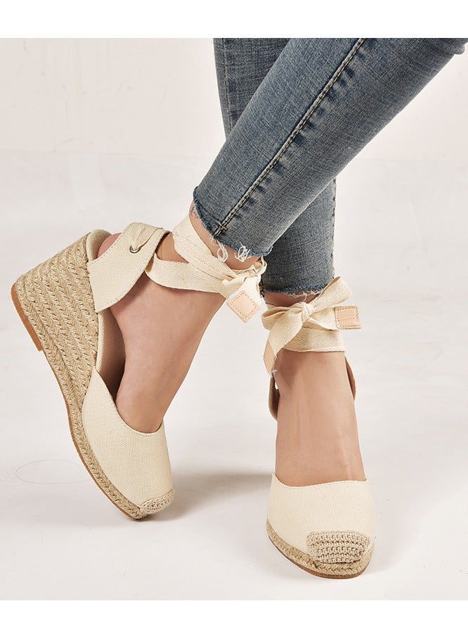 NIBEMINENT Straw Plus-size Sandals for Women Rope Closed Toe Espadrille Wedge Strap Sandals - Image 3