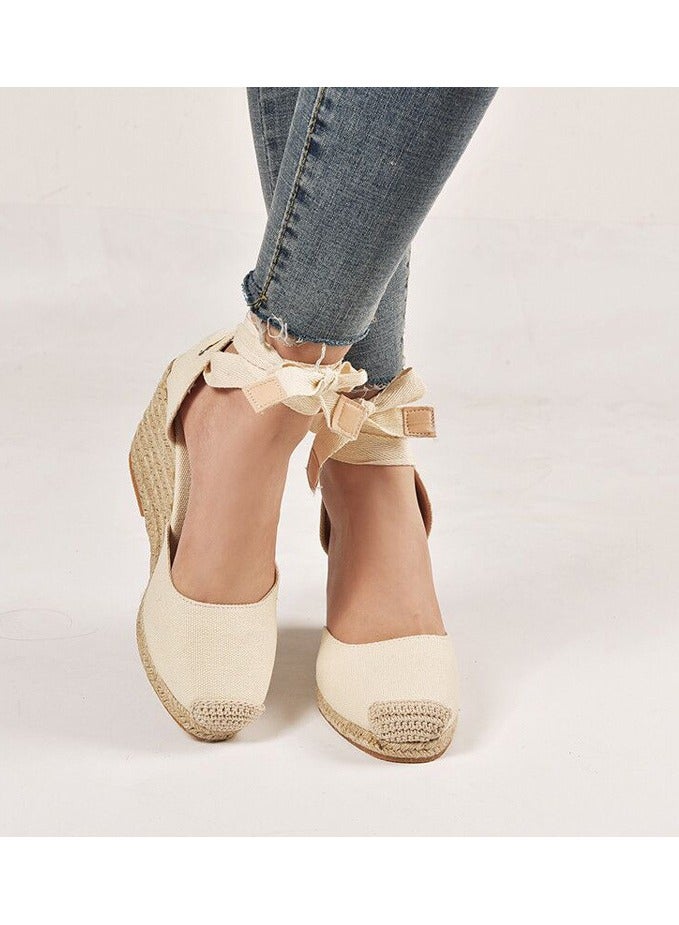 NIBEMINENT Straw Plus-size Sandals for Women Rope Closed Toe Espadrille Wedge Strap Sandals - Image 2