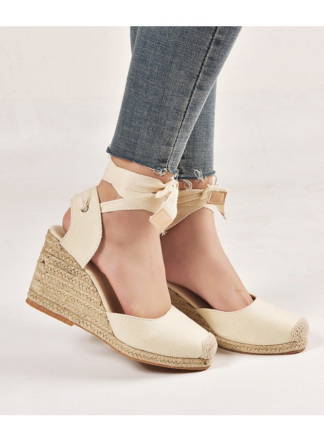 NIBEMINENT Straw Plus-size Sandals for Women Rope Closed Toe Espadrille Wedge Strap Sandals - Image 4