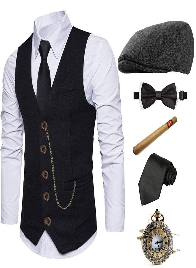 EFORLED Halloween 1920s Mens Costume 2025,Gatsby Gangster Vest,Vintage Pocket Watch,Pre Tied Bow Tie,Tie, Twvest-twbkhat, XL - Image 1