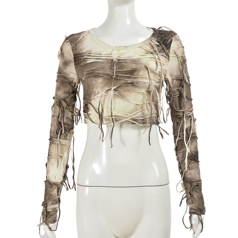30034 European and American Womens 2024 Autumn New Tie-dyed Navel Tassel Crewneck Long Sleeve European and American T-shirt Top Women Brown - Image 2