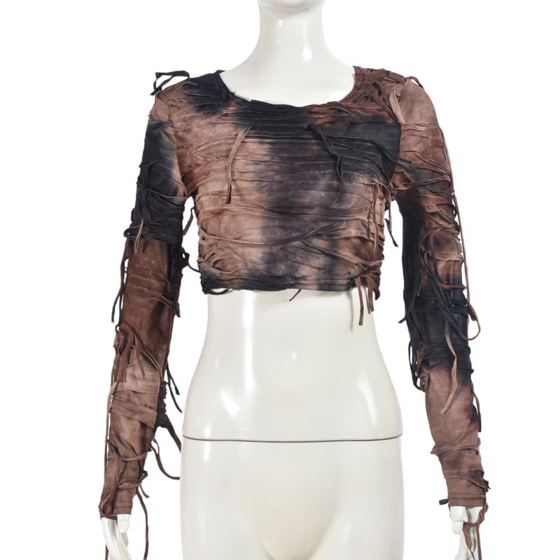 30034 European and American Womens 2024 Autumn New Tie-dyed Navel Tassel Crewneck Long Sleeve European and American T-shirt Top Women Brown - Image 1
