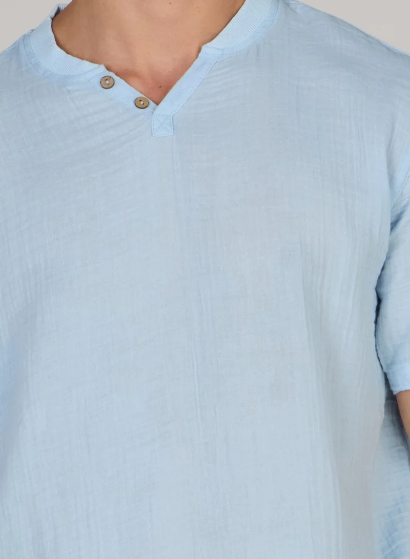 Just Nature Ice Blue Henley Neck Cotton Resort T-Shirt for Men | Best Price UAE