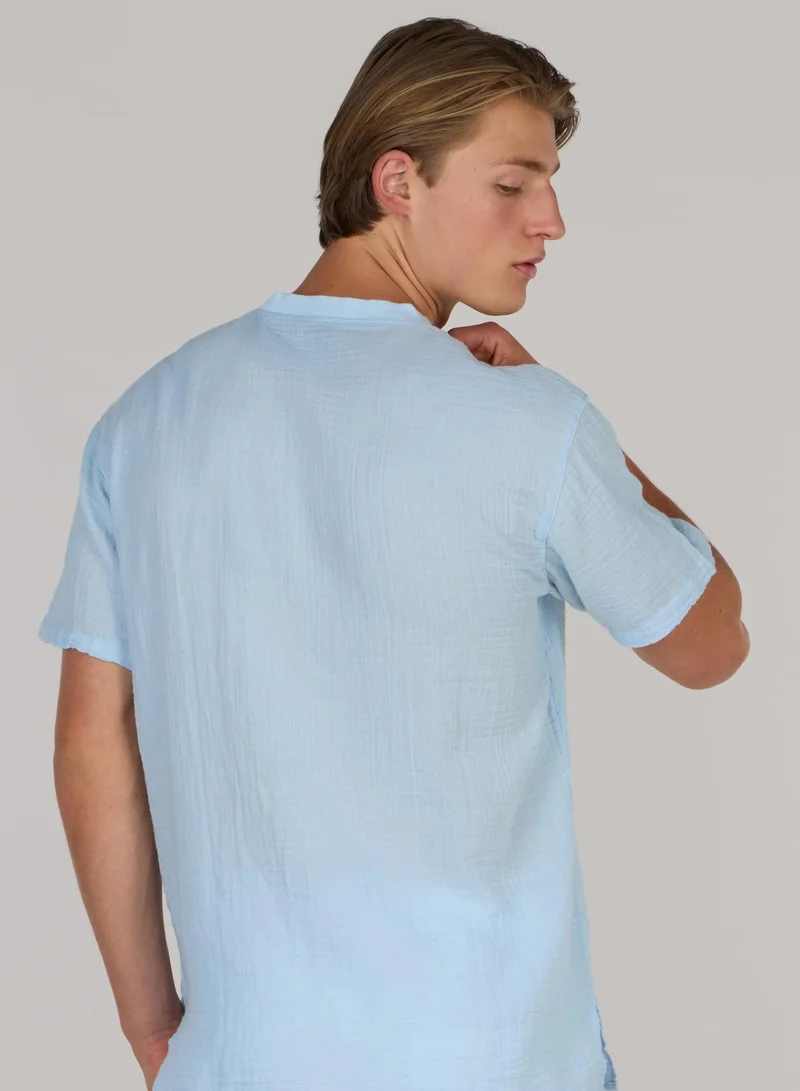 Just Nature Ice Blue Henley Neck Cotton Resort T-Shirt for Men | Best Price UAE