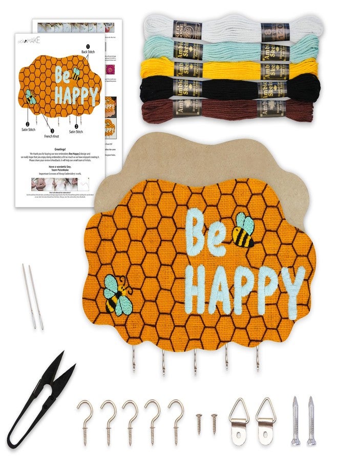 picknMAKE DIY Embroidery Keychain Holder Kit – Stitch, Assemble, and Craft a Cloud-Shaped Be Happy Key Organizer with Hooks & All Material Included, Create a Personalized Wall-Mounted - Image 1
