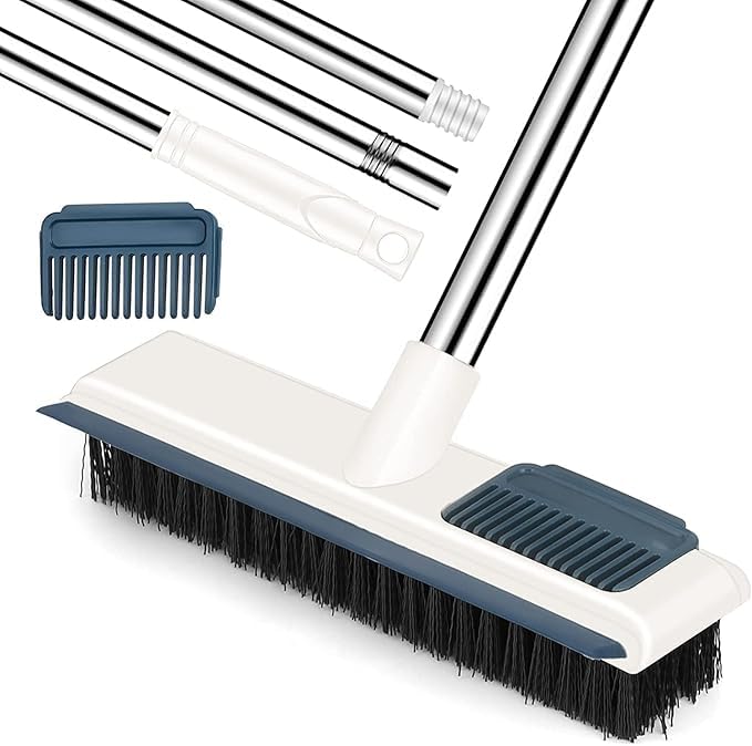 NINZA 2 in 1 Floor Brush Scrub Brush,3 Segment Retractable Long Handle Grout Scrub Brush,Bathroom Kitchen Tile Crack Cleaning Brush with Hair Cleaning Comb - Image 1