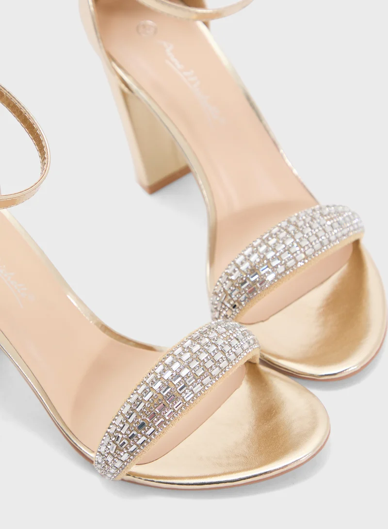 Anne Michelle Block Heel Sandal With Embellished Strap