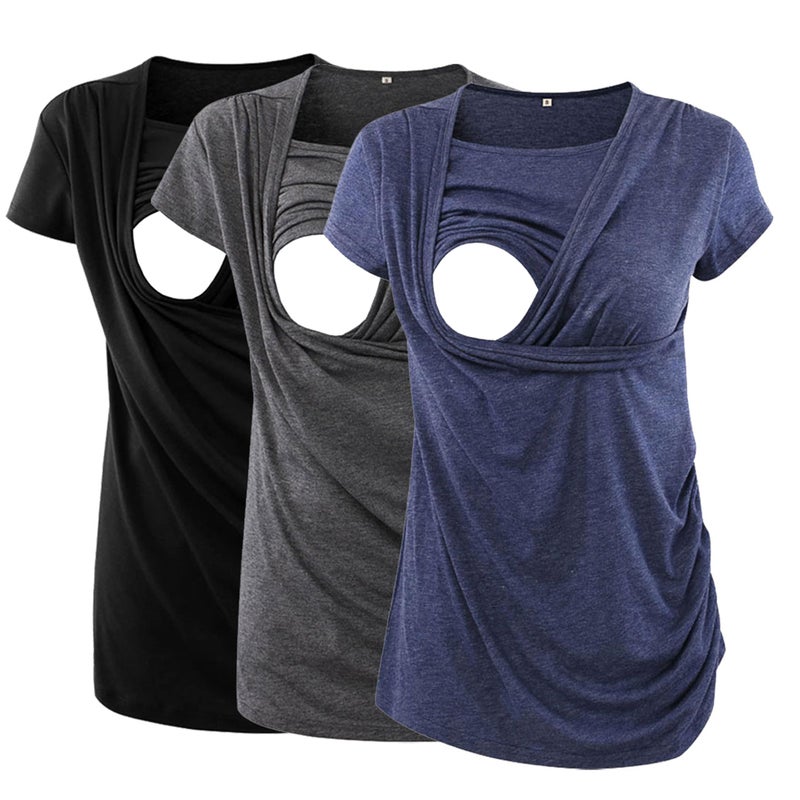 Ecavus 3PCS Women's Maternity Nursing Tops for Breastfeeding Short Sleeve Side Ruched Nursing Shirts - Image 1