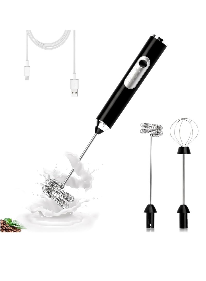 Electric Double Whisk Milk Frother Handheld Black USB Rechargeable Drink Mixer, 3 Speeds Adjustable Electric Whisk Foam Maker Detachable for Coffee, Lattes, Matcha, Hot Chocolate  - Image 1