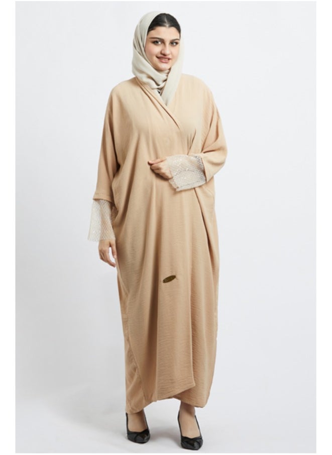 Evva Evva Luxury Biege Saudi Abaya for Women – Elegant Open Front Modest Wear in Premium Fabric – Ideal for Ramadan, Eid, and Everyday Elegance  - Image 4