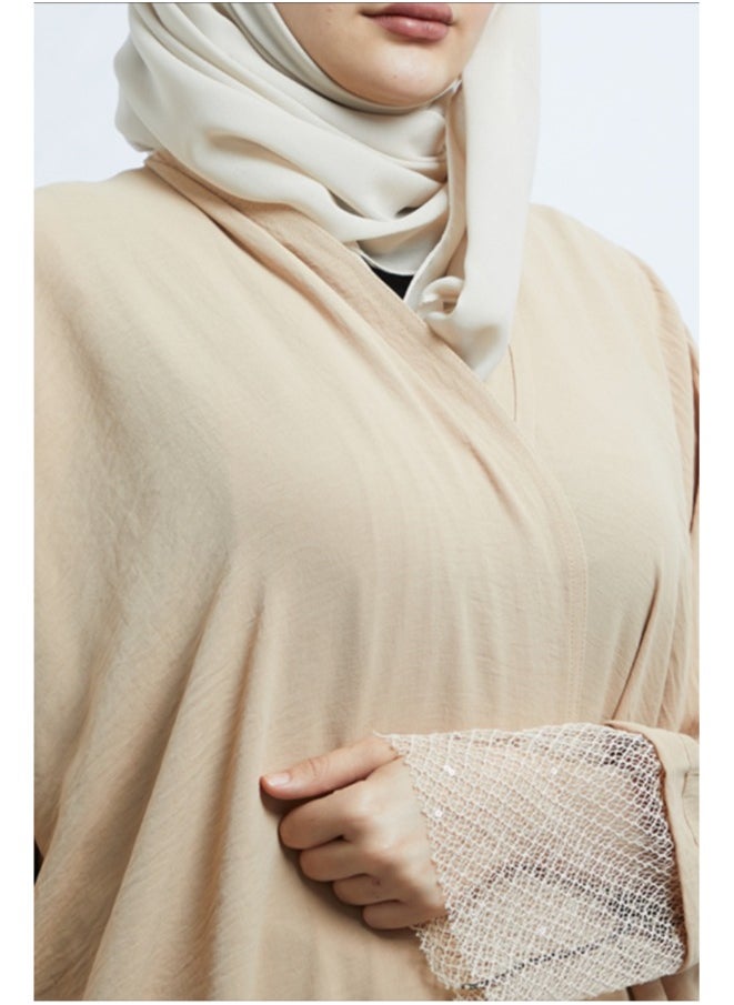 Evva Evva Luxury Biege Saudi Abaya for Women – Elegant Open Front Modest Wear in Premium Fabric – Ideal for Ramadan, Eid, and Everyday Elegance  - Image 3