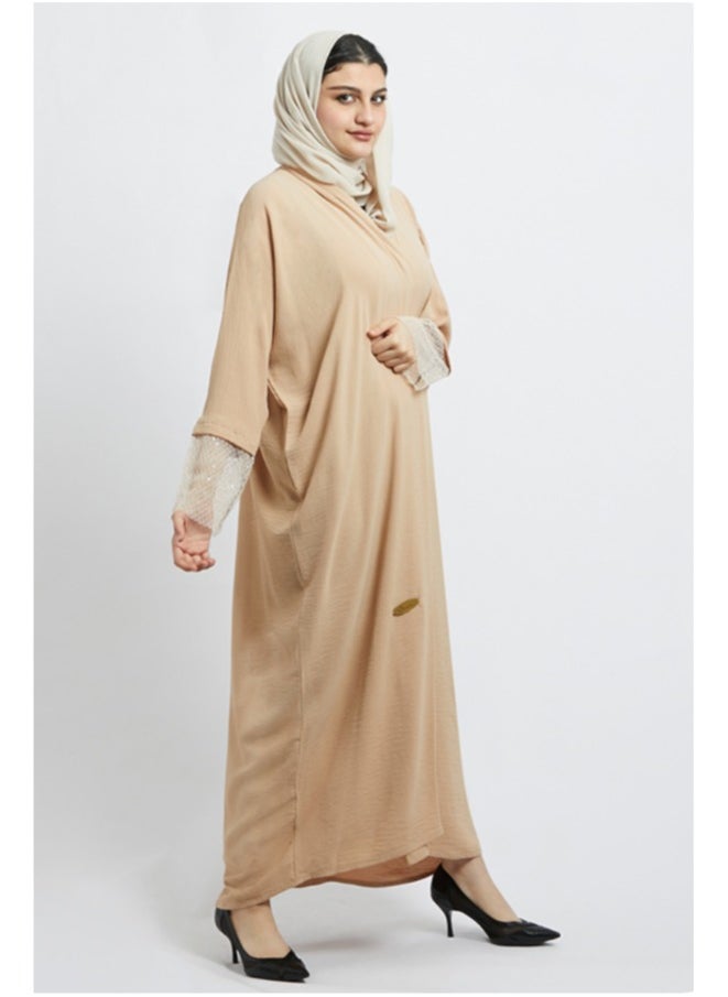 Evva Evva Luxury Biege Saudi Abaya for Women – Elegant Open Front Modest Wear in Premium Fabric – Ideal for Ramadan, Eid, and Everyday Elegance  - Image 1