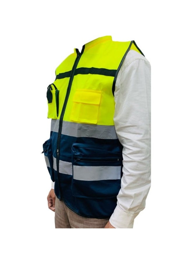 TAHA SAFETY TAHA SAFETY Tuna Safety Jacket with Collar & Pockets | Safety  Vest with Reflective Strips for Industrial & Construction Sites, Multipurpose Use in Industries | Yellow & Navy Blue | Size-L  - Image 1