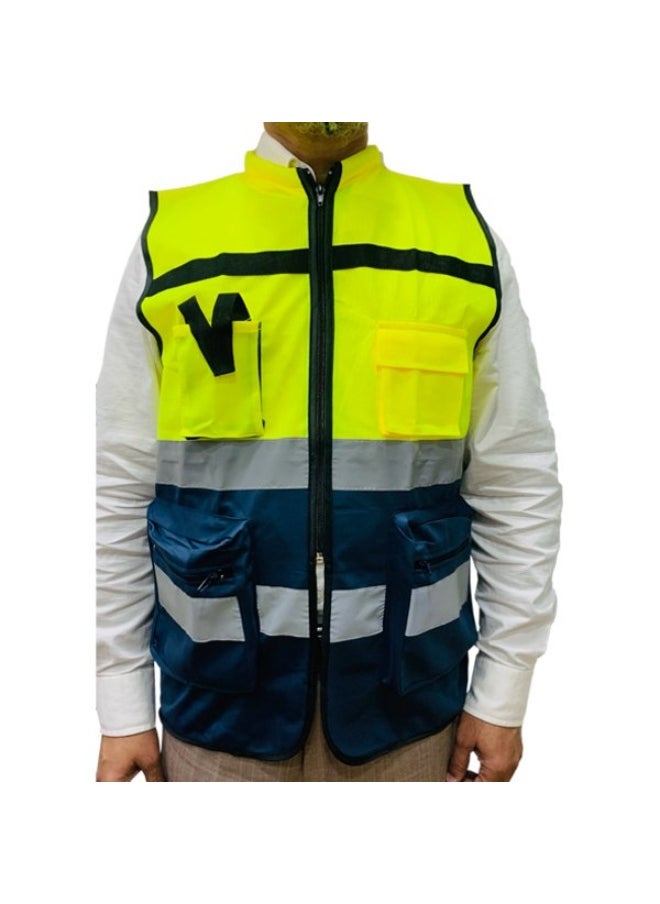 TAHA SAFETY TAHA SAFETY Tuna Safety Jacket with Collar & Pockets | Safety  Vest with Reflective Strips for Industrial & Construction Sites, Multipurpose Use in Industries | Yellow & Navy Blue | Size-L  - Image 4