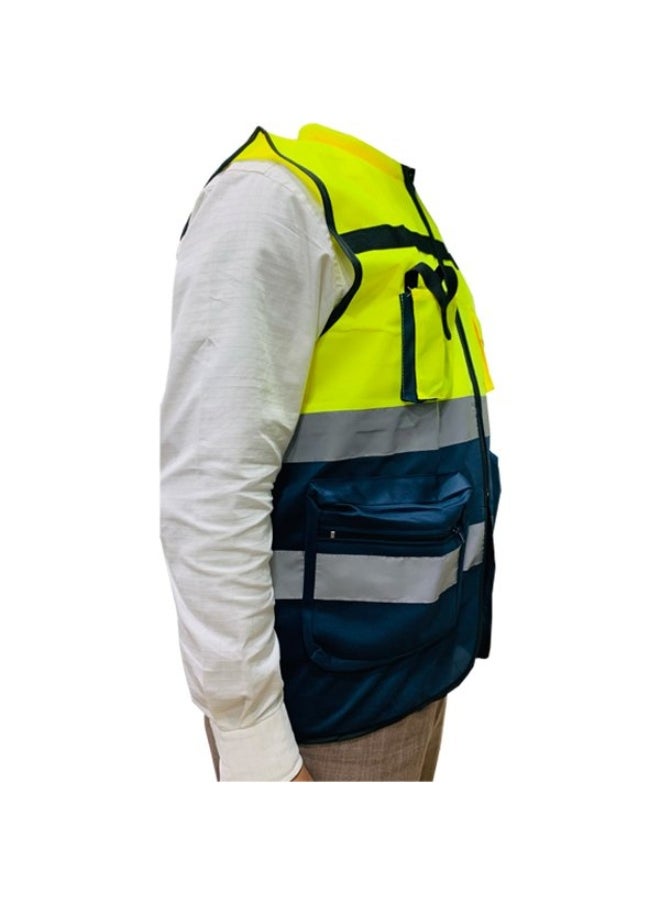 TAHA SAFETY TAHA SAFETY Tuna Safety Jacket with Collar & Pockets | Safety  Vest with Reflective Strips for Industrial & Construction Sites, Multipurpose Use in Industries | Yellow & Navy Blue | Size-L  - Image 2